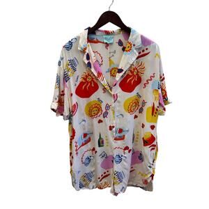 True Destinations Anthropologie Italian Print Button Down Romper Size L